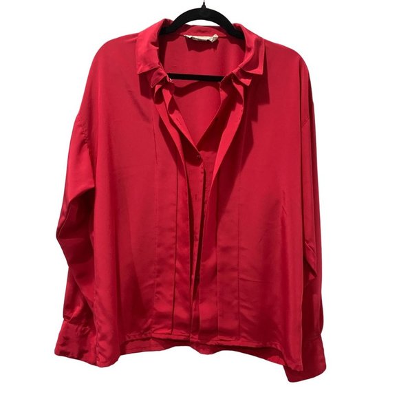 Geoffrey Beene double collar button down red Blouse women's sz L - Picture 2 of 4
